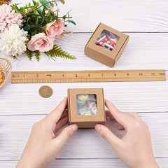 20pcs 2.5x2.5X1.2 Square Brown Paper Drawers PVC Window Lids Gift Boxes