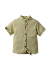 Boys Casual Button Pocket Stand Collar Short Sleeve Shirt Kids Summer Clothes