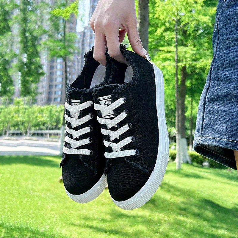 Women's Canvas Lace Up Low Top Sneakers - Casual Round Toe Flat Shoes