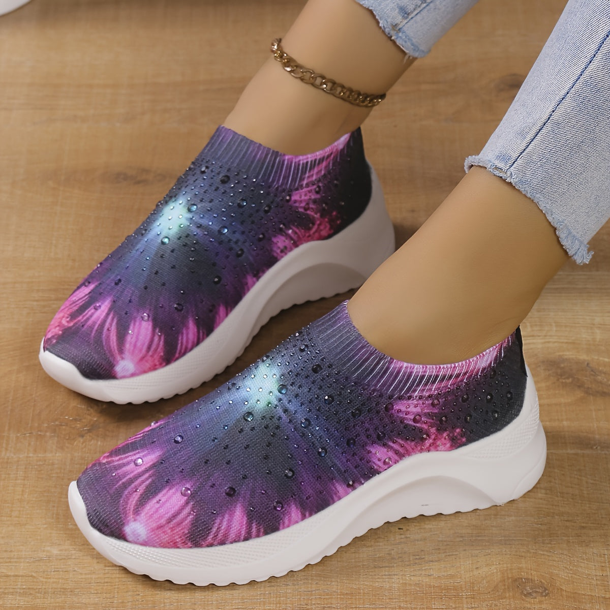 Rhinestone Decor Floral Sneakers Low Top Slip On Knit Sock Shoes