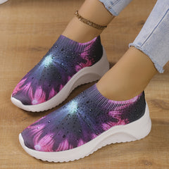 Rhinestone Decor Floral Sneakers Low Top Slip On Knit Sock Shoes