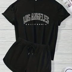 Letter Print Short Sleeve T shirt & Drawstring Waist Shorts Set