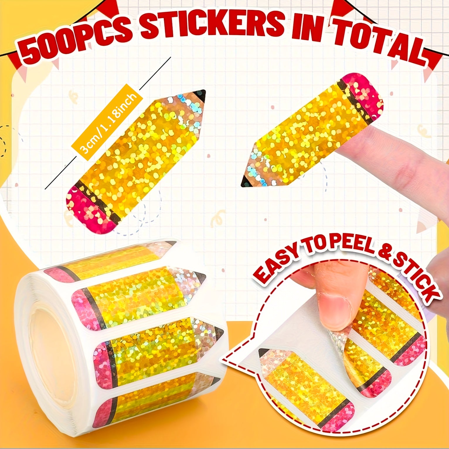 500pcs Back to School Stickers Roll Holographic Laser Cut Pencil Decals