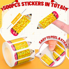 500pcs Back to School Stickers Roll Holographic Laser Cut Pencil Decals