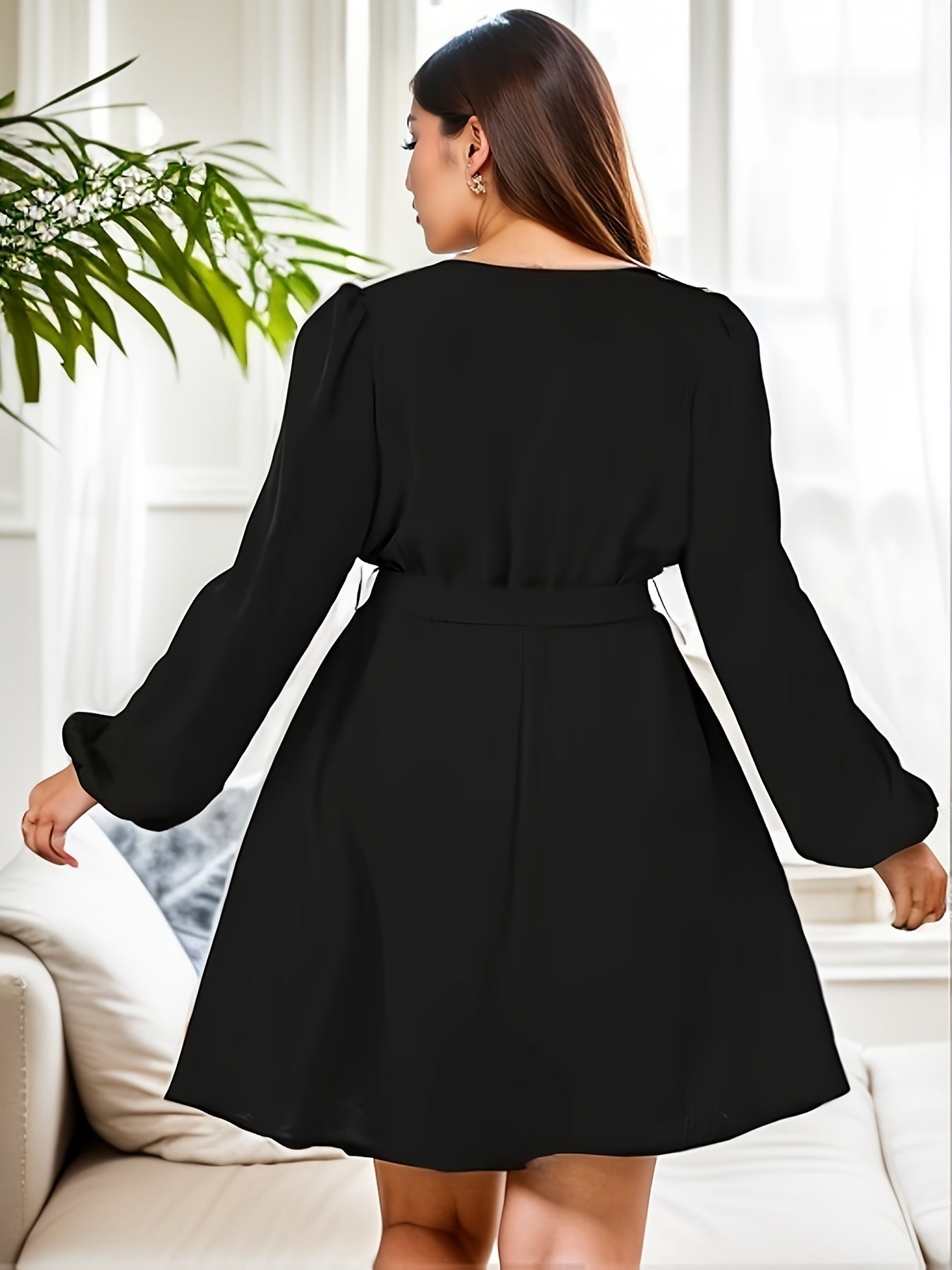  Solid Lantern Sleeve V Neck A line Dress With Belt