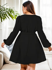  Solid Lantern Sleeve V Neck A line Dress With Belt