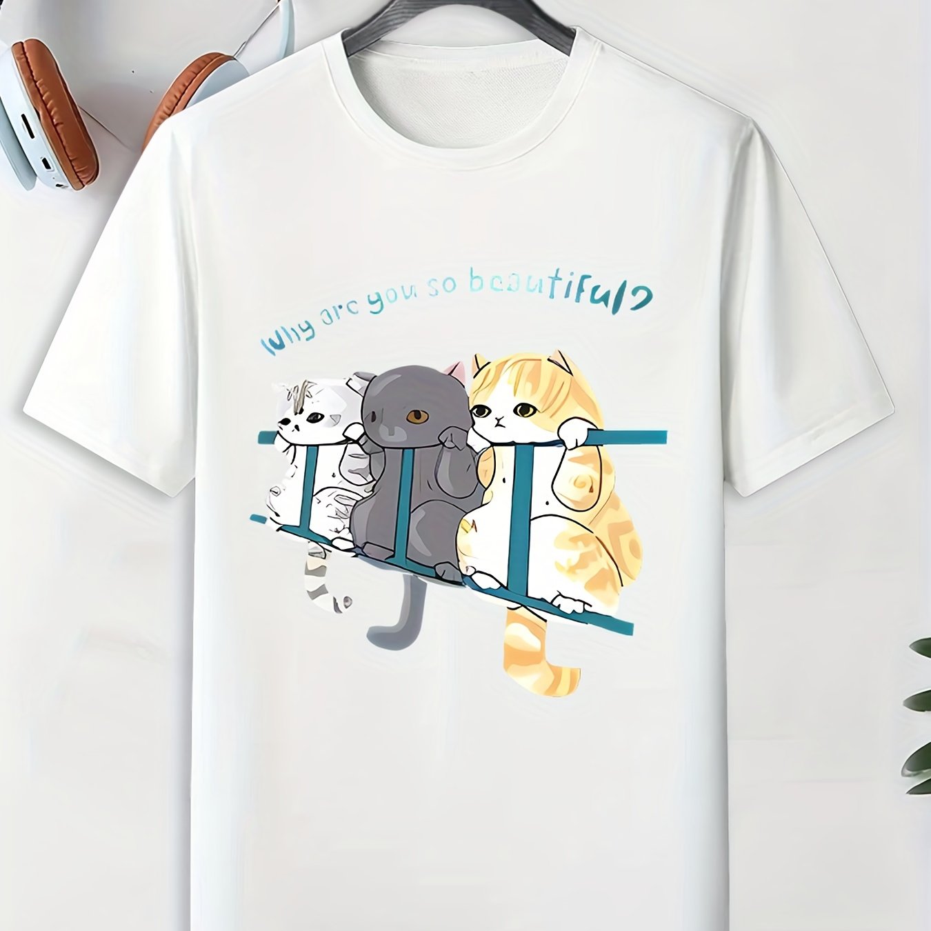 Men's Cartoon Cat Pattern T shirt Active Breathable Tee