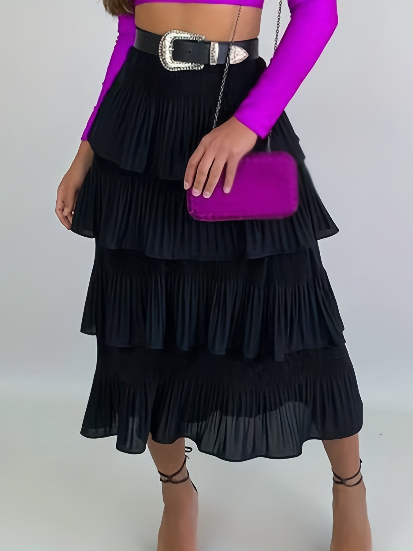 Women's Plus Pleated Elastic Waist Ruffle Trim Layered Skirt