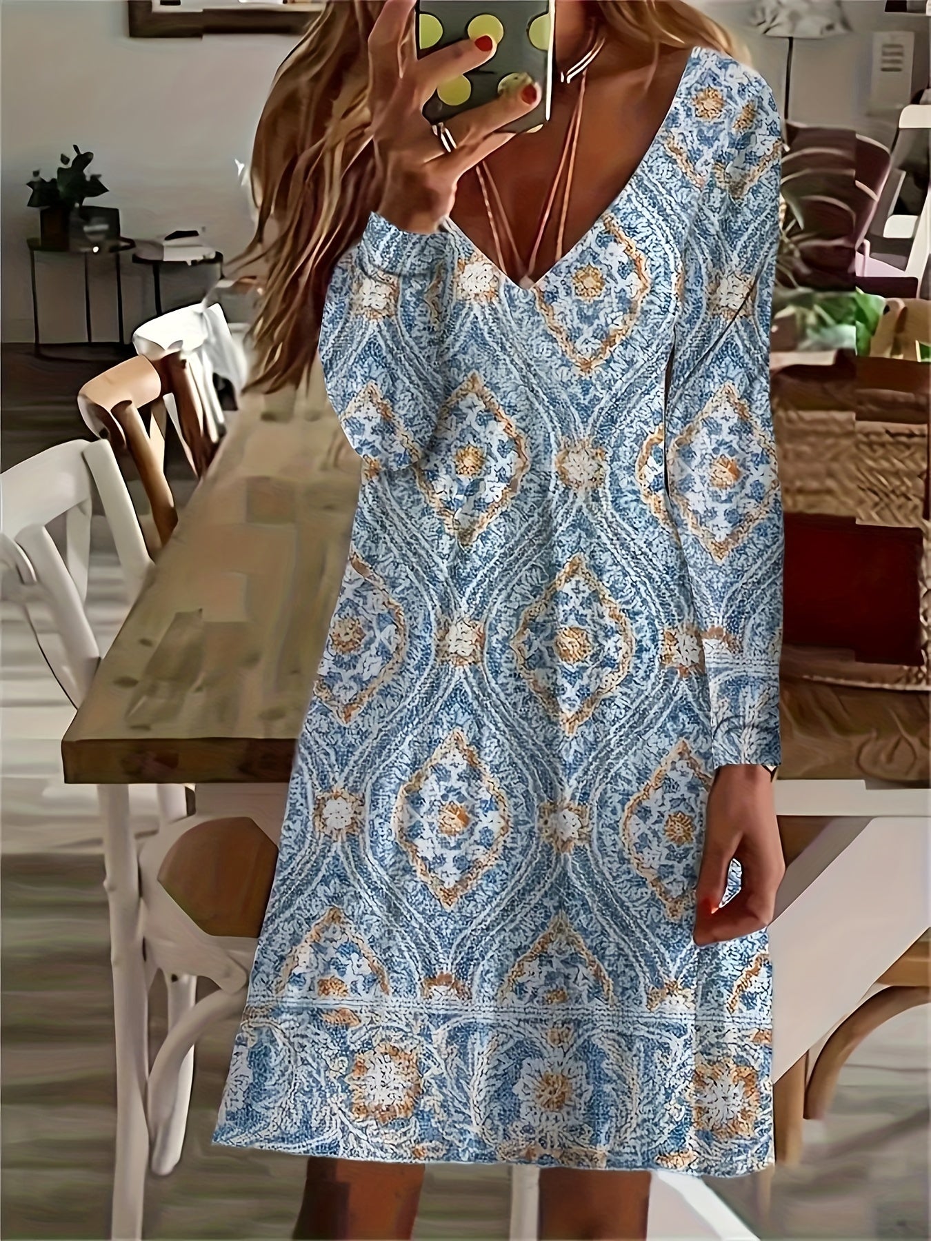  Ethnic Style Maxi Dress Long Sleeve V Neck Stretch