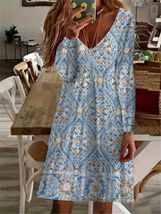  Ethnic Style Maxi Dress Long Sleeve V Neck Stretch