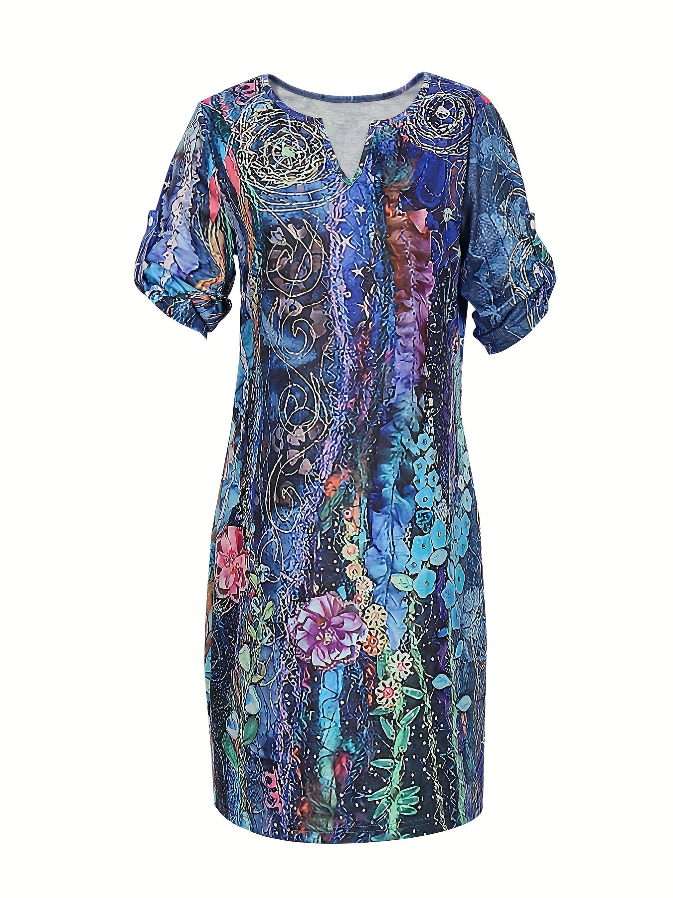  Casual Dress Women's Plus Painting Print Roll Up Sleeve Dress