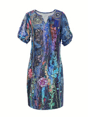  Casual Dress Women's Plus Painting Print Roll Up Sleeve Dress