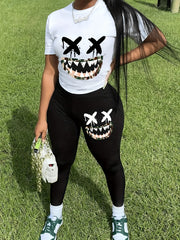 Cartoon Print Tee & Leggings Set for Women