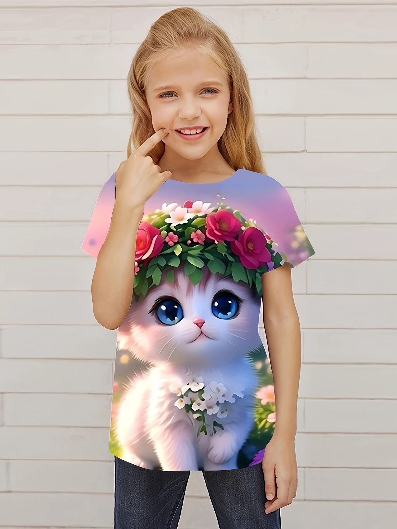 Funny Flower Cat Graphic Short Sleeve T shirt For Girls