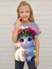 Funny Flower Cat Graphic Short Sleeve T shirt For Girls
