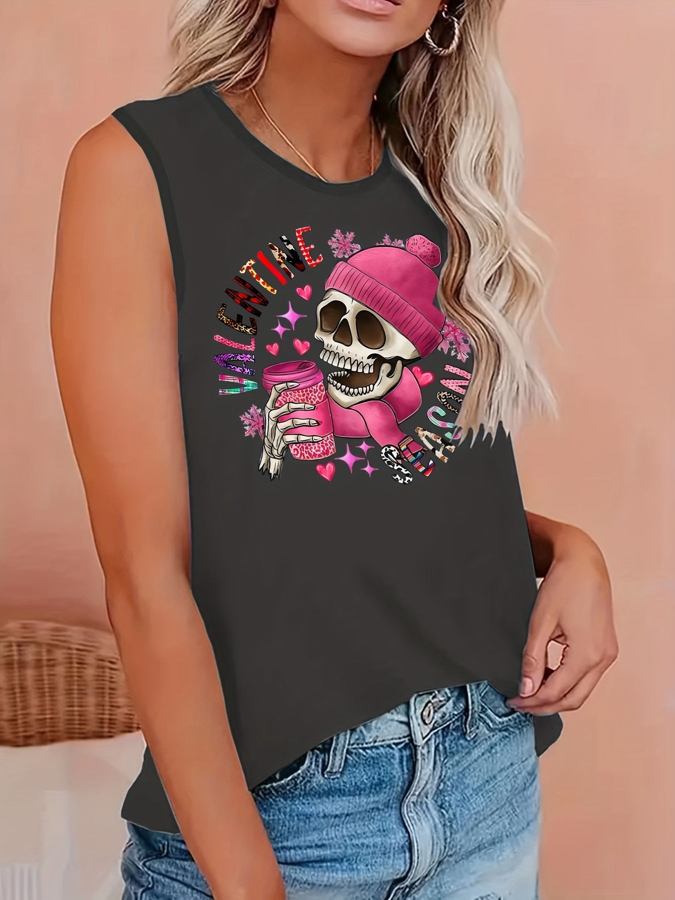  Slogan & Floral Skull Print Tank Top
