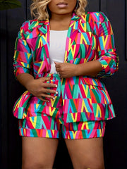 Colorblock Geometric Print Blazer & Shorts Suit Set