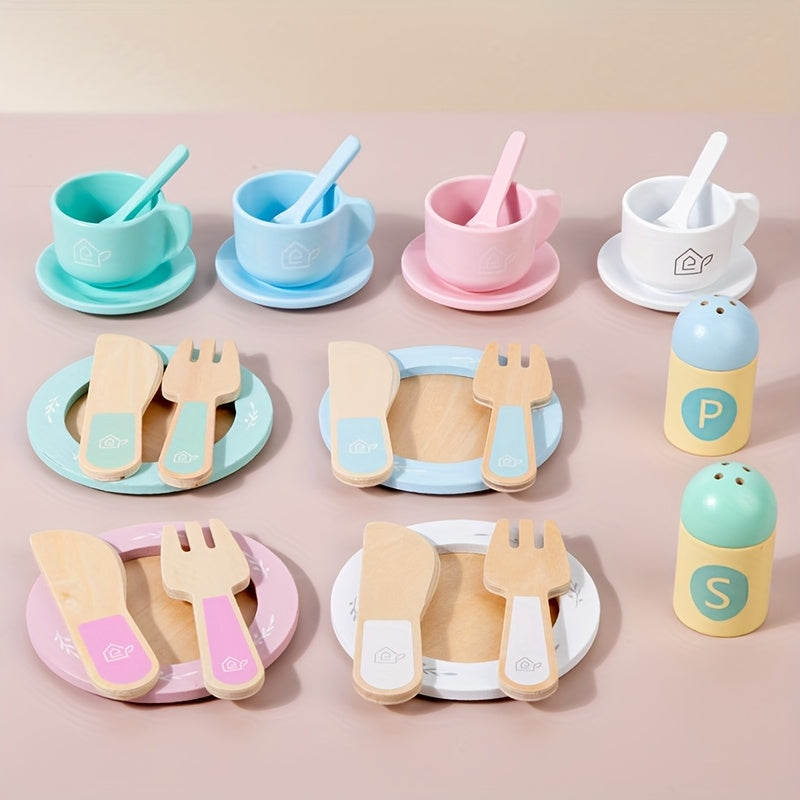 Wooden Play Kitchen Utensil Set Cups Dishes Knives Forks Spoons Educational Toy