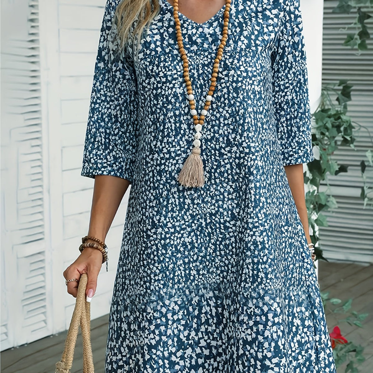  Boho Dress Women's Allover Print V Neck Slight Stretch Mini Dress