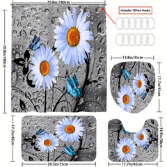 Non Slip Bathroom Rugs & Shower Curtain Set with Flower & Butterfly Pattern