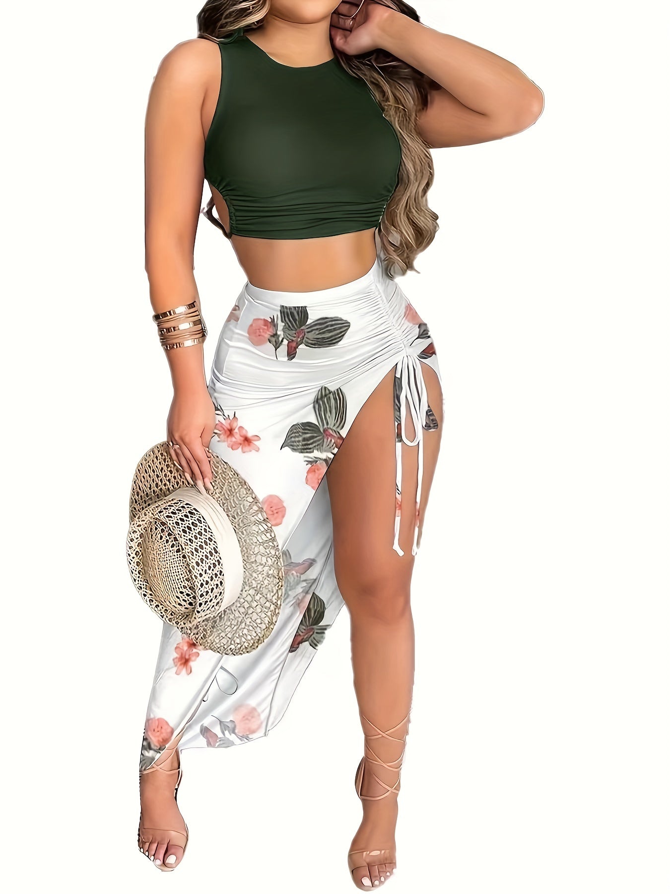 Casual Spring & Summer 2pc Set Solid Cropped Tops & Floral Print Split Skirts