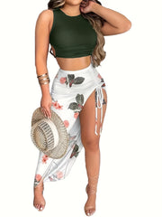 Casual Spring & Summer 2pc Set Solid Cropped Tops & Floral Print Split Skirts