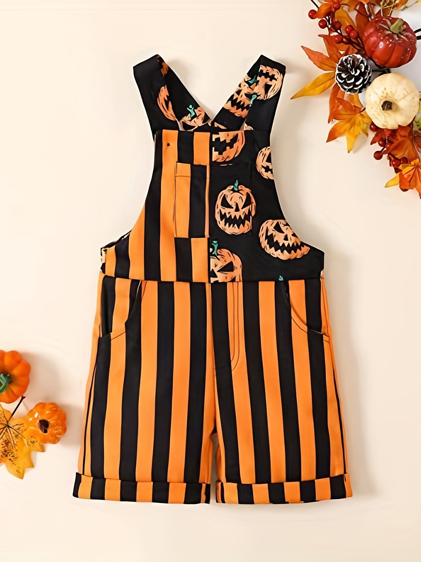 Toddler Girls Halloween Pumpkin Stripe Jumpsuit with Pocket