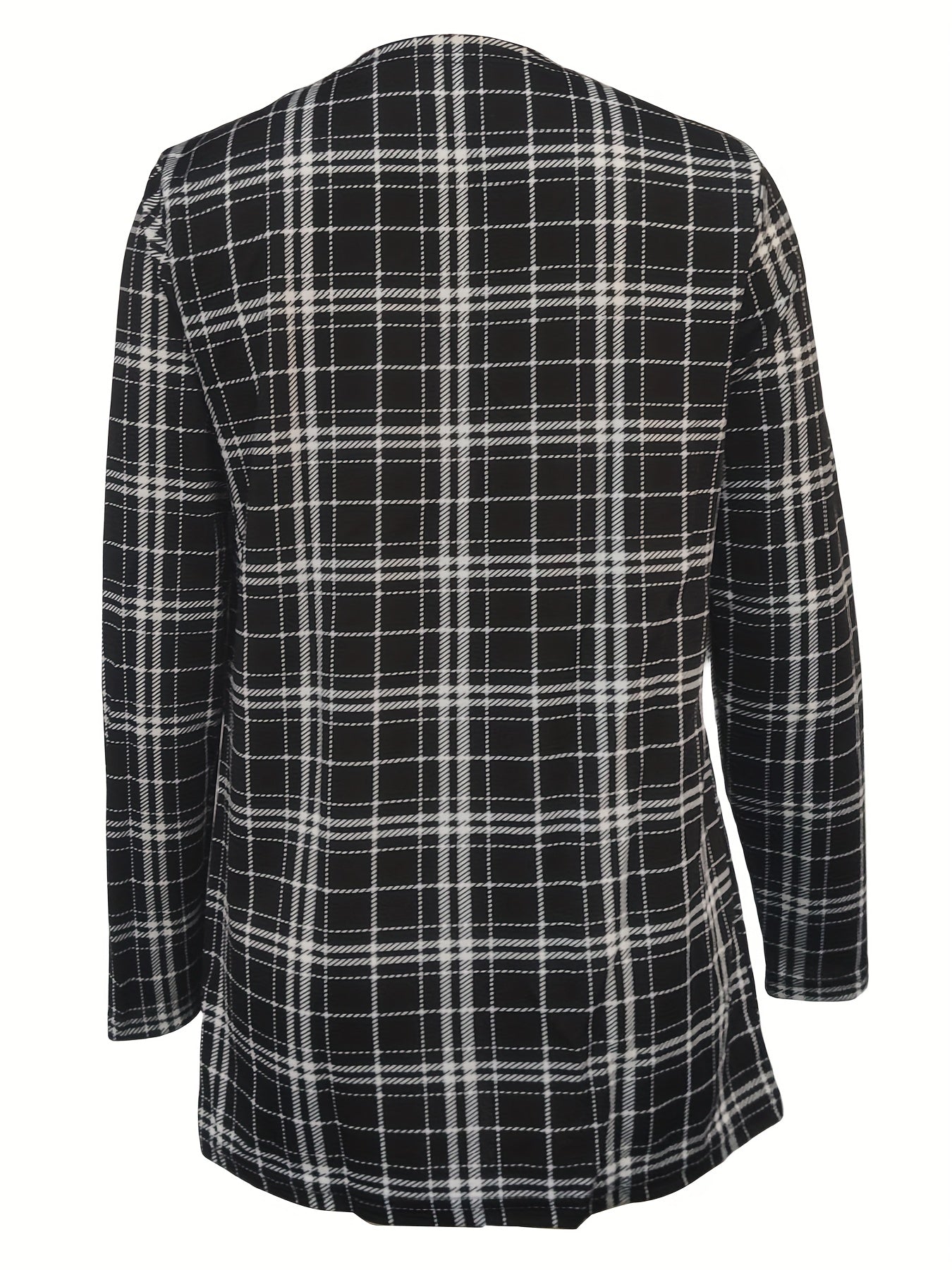 Plaid Print Open Front Jacket Crew Neck Long Sleeve Outerwear