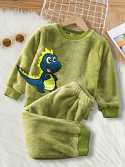 Kid's 2pcs Dino Flannel Pajamas Set Long Sleeve Top & Pants Warm Fleece PJ