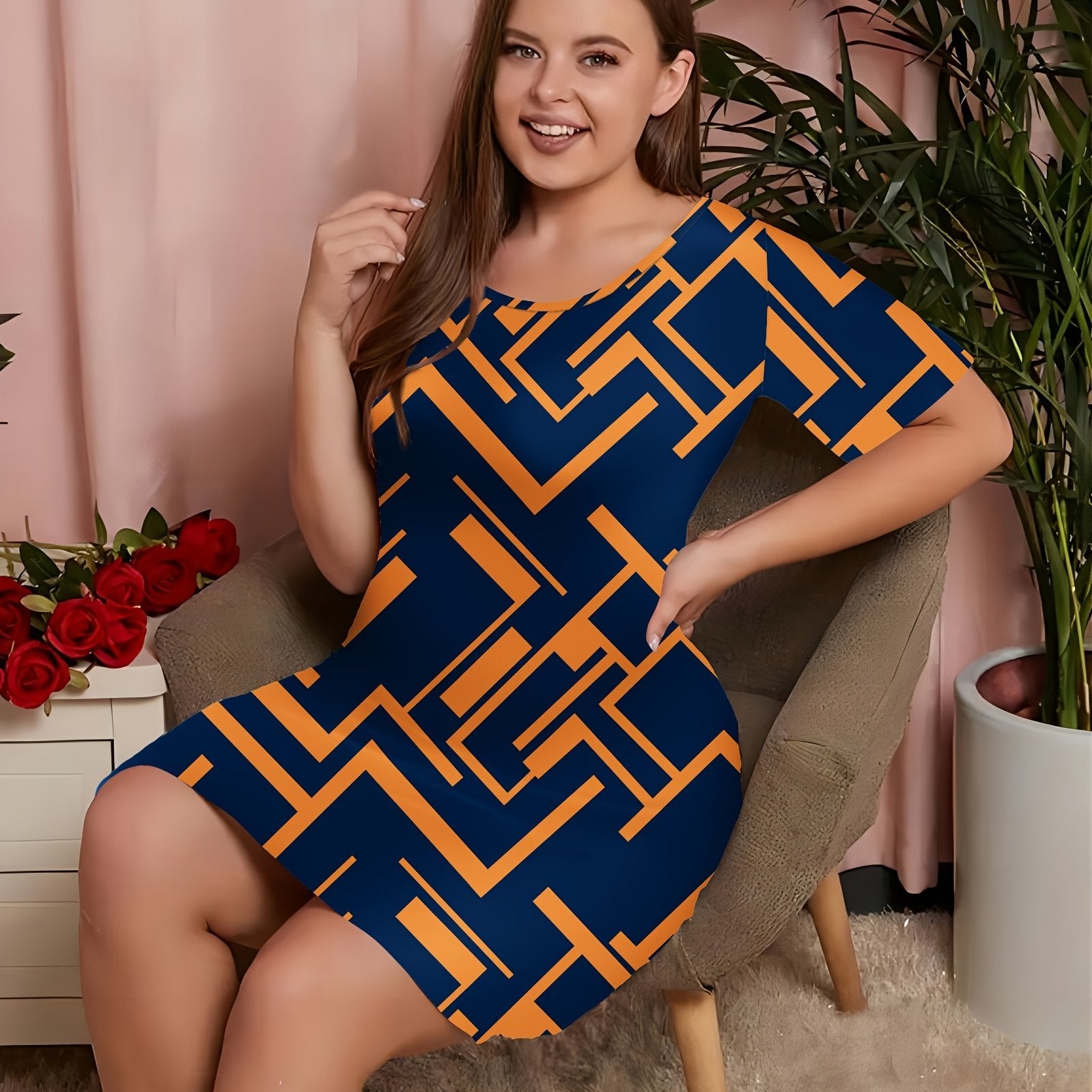  Geometric Print Short Sleeve Stretch Dress