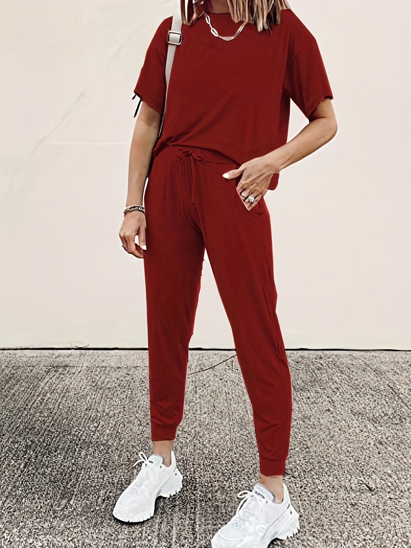 Casual Two-Piece Set Crew Neck Short Sleeve Tops & Drawstring