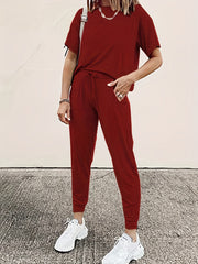 Casual Two-Piece Set Crew Neck Short Sleeve Tops & Drawstring