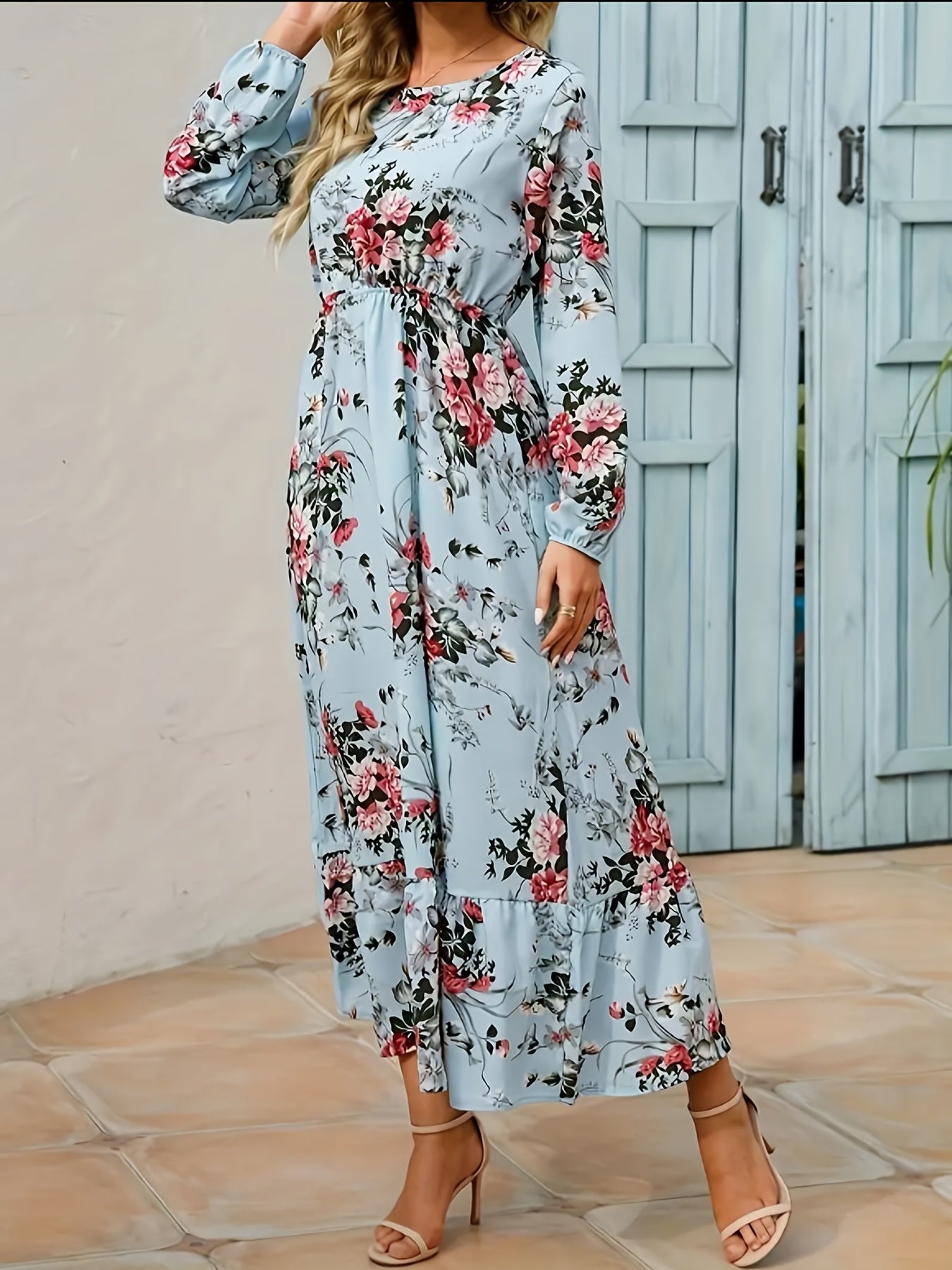 Floral Print Long Sleeve Maxi Dress