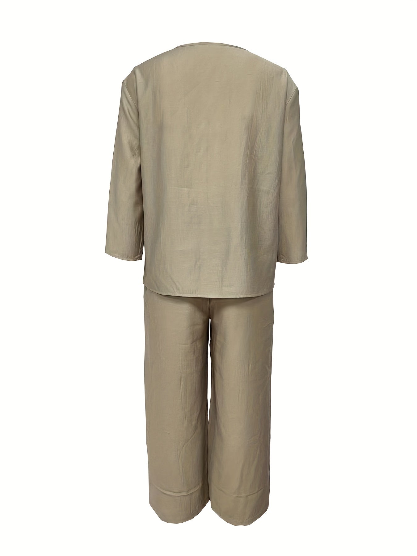 Solid Casual Two piece Set Crew Neck Button Front Tops & Wide Leg Cropped Pants