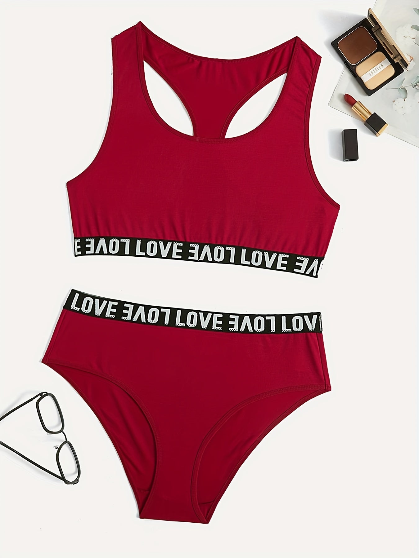  Casual Lingerie Set: Letter Tape Racer Back Bra & Underwear