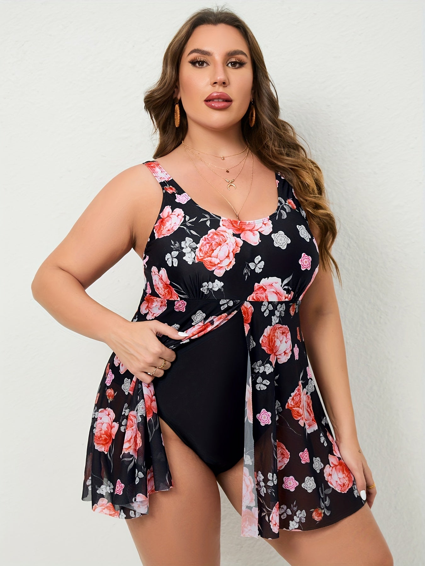  Vacay Swimsuit Women's Plus Colorblock Floral Print One Piece Swimsuit