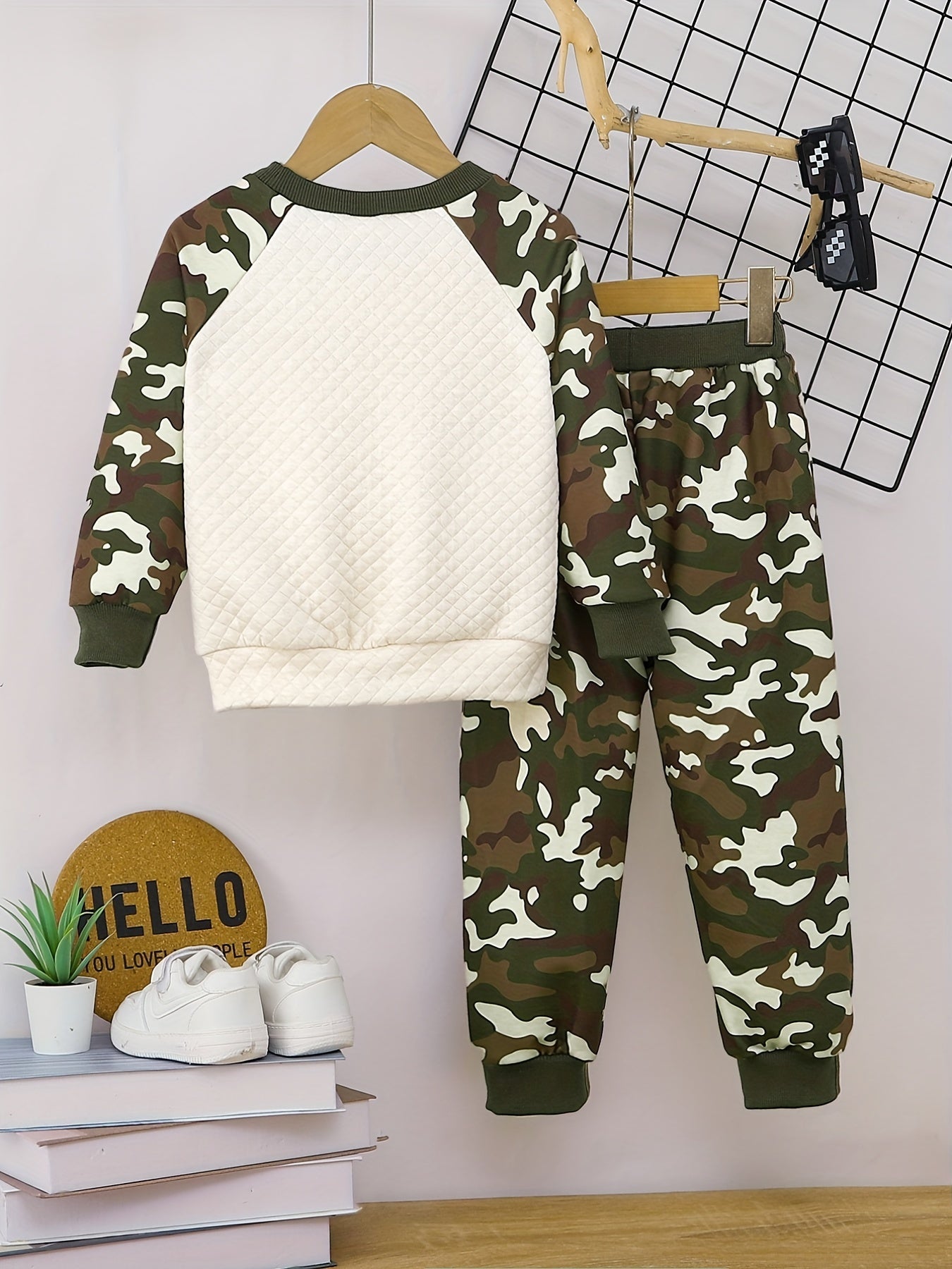 Toddler Boy's Camo Outfit 2pcs Waffle Texture Sweatshirt & Sweatpants Set