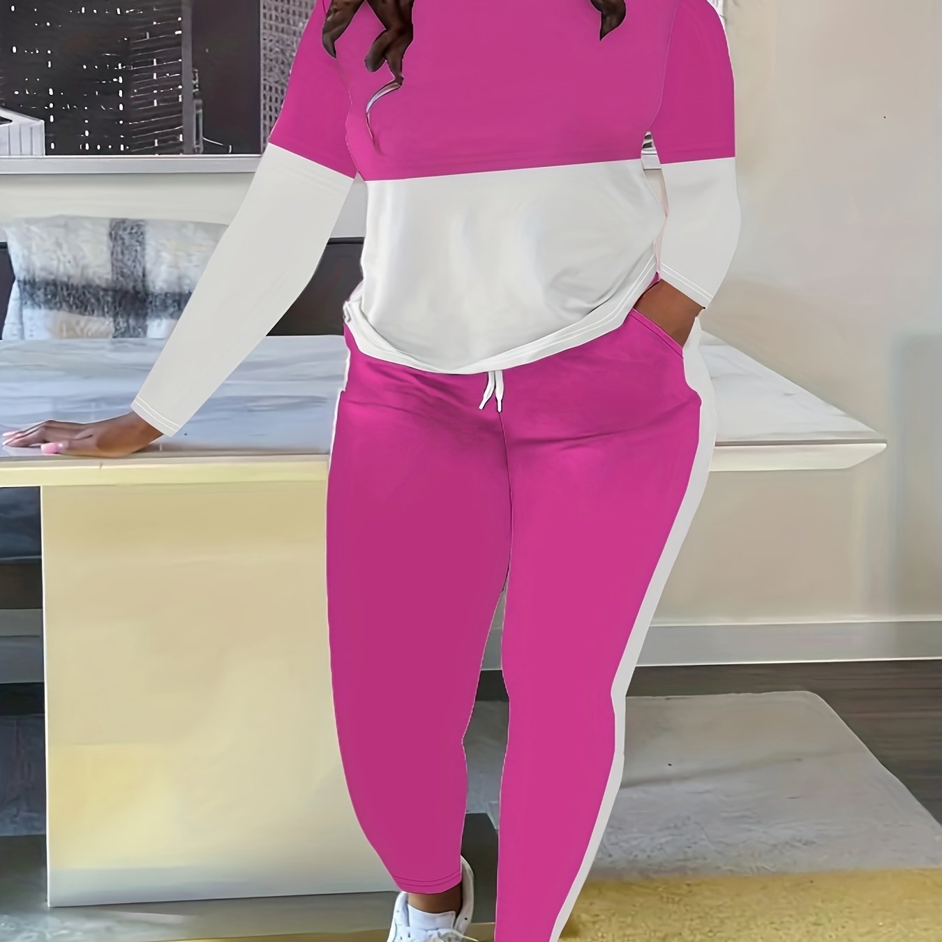  Colorblock Long Sleeve Tee & Drawstring Pants 2 Piece Set