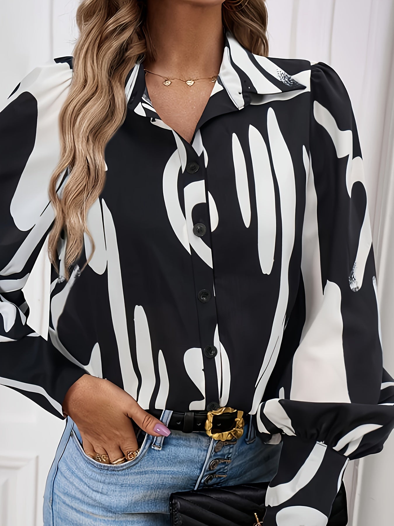 Graffiti Print Button Up Lantern Sleeve Blouse