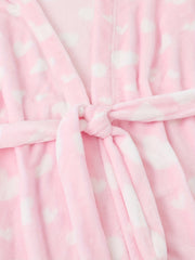  Heart Pattern Flannel Bathrobe Women's Long Sleeve Belted Nightgown