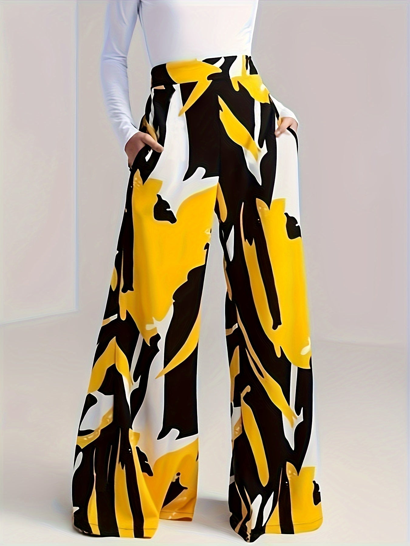 Abstract Print Wide Leg Trousers With Pockets