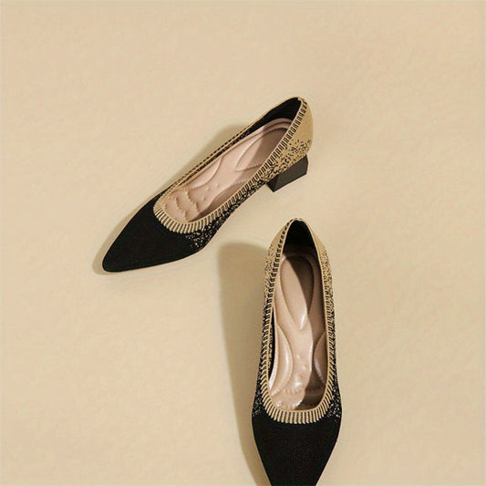 Women's Knitted Mid Heels Pointed Toe Slip On Chunky Heels Casual Shoes