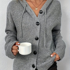  Solid Button Up Hooded Cardigan