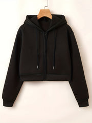 Drawstring Crop Hoodie Zip Up Long Sleeve