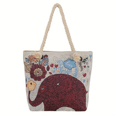 Ethnic Style Elephant Pattern Tote Bag Vintage Large Capacity Beach Bag