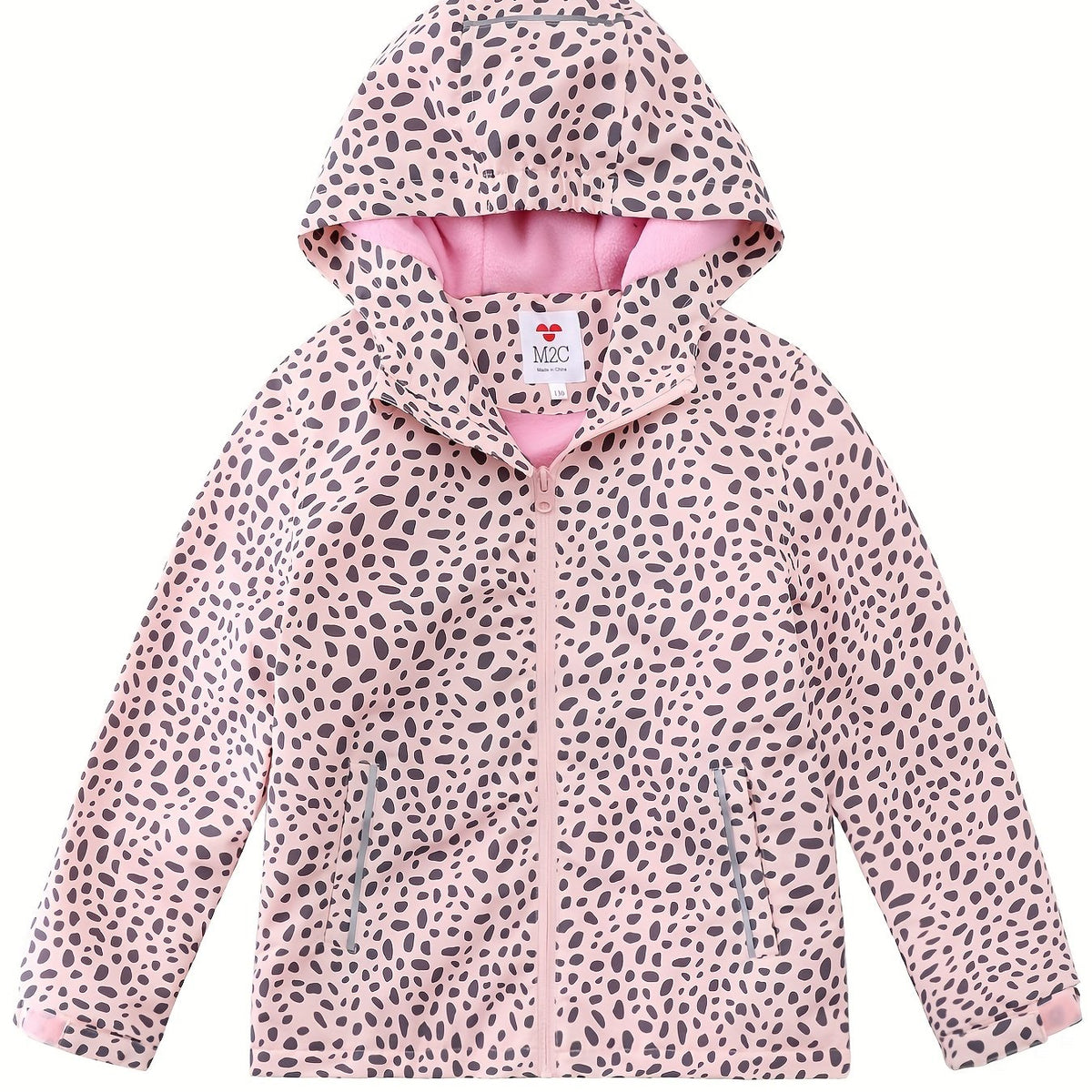 Girls Leopard Print Hooded Jacket Waterproof Windproof Fleece Lining
