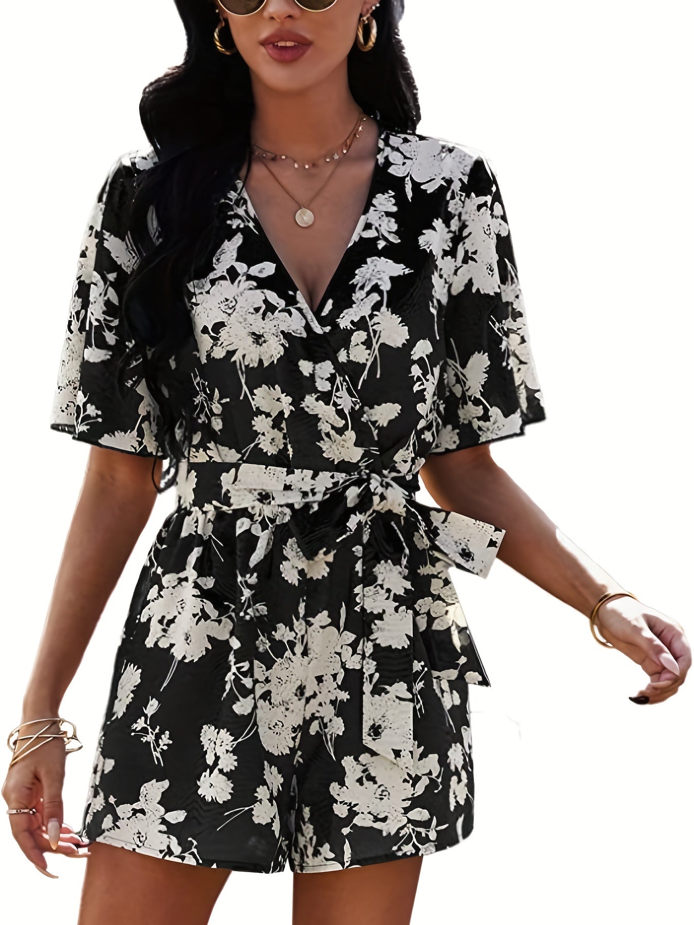 Floral Print V neck Romper Jumpsuit Short Sleeve Women's Clothing