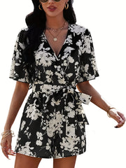 Floral Print V neck Romper Jumpsuit Short Sleeve Women's Clothing