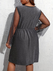  Glitter Mesh Long Sleeve Surplice Neck Dress