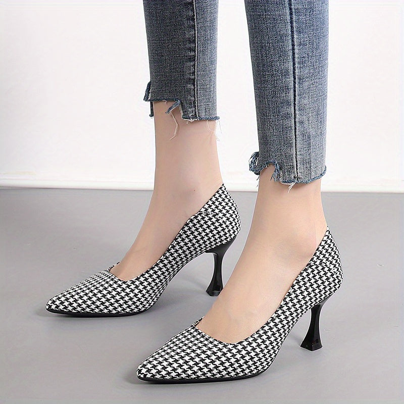 Women's Houndstooth Stiletto Heels Pointed Toe Dress Pumps